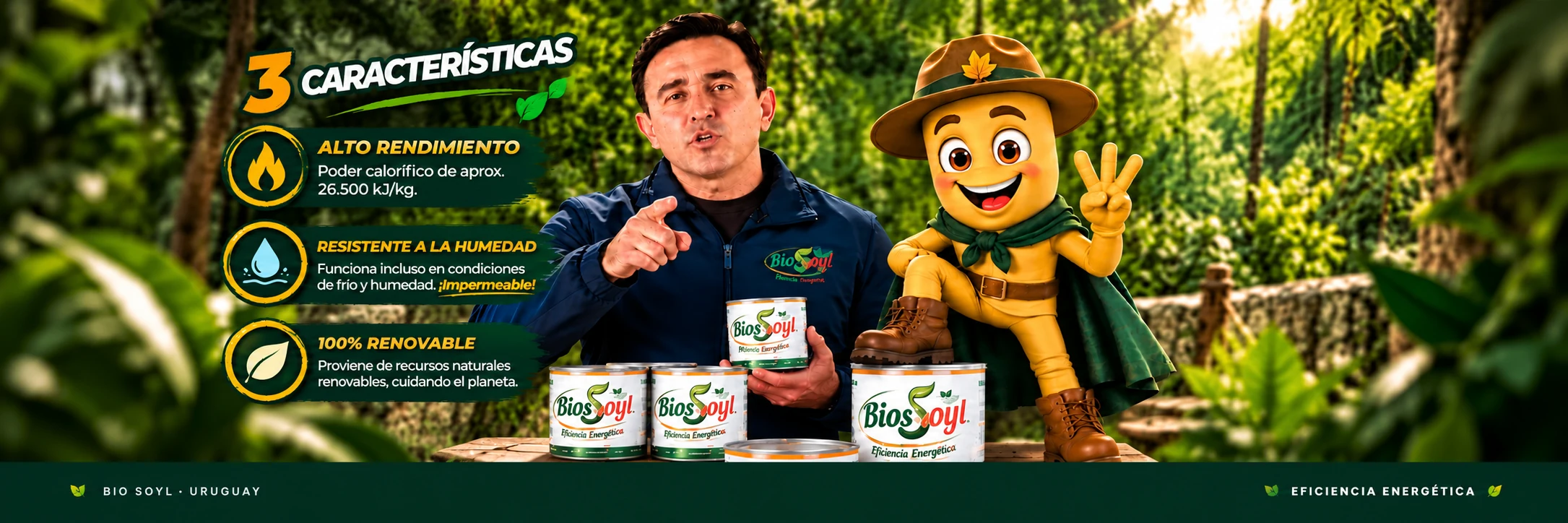 BIOSOYL: tres características de su biocombustible sólido, presentador y mascota; alto rendimiento, resistencia a la humedad y origen renovable.